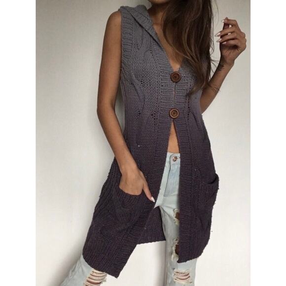 Free People Ombre Gradient Cable-Knit Hooded Cardigan Sweater Vest - Picture 1 of 16